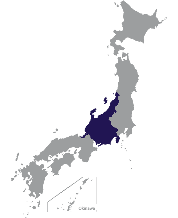 Landkaart Japan grijs met regio Chubu donkerblauw op transparante achtergrond - 600 * 733 pixels